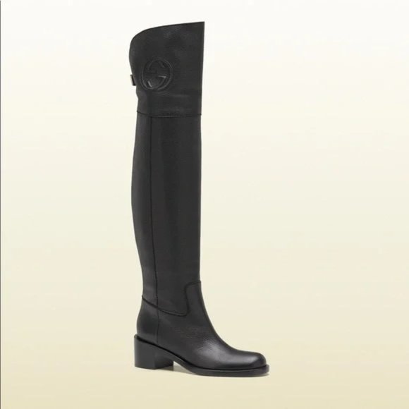 Gucci Shoes - Gucci Black Soho 296093 Over The Knee Embossed Interlocking G Riding Boots 8.5